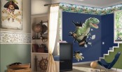 a dino meets pirates boy’s room done in navy, green, white and with approppriate decor of both parts
