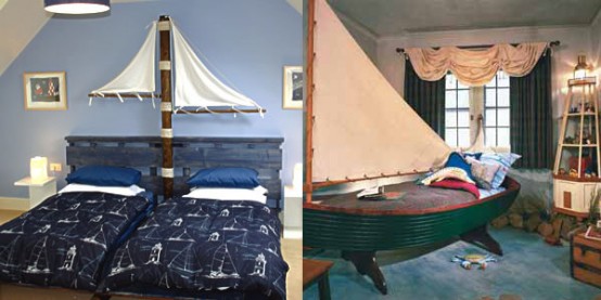 two ways of decorating a sea-inspired kids' room - adding boats and sails in different ways