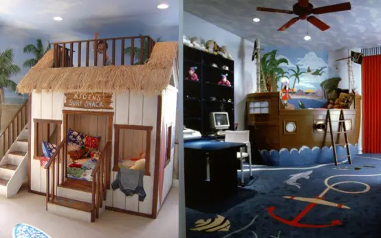 a tropical kids' room done in two different ways - with a surf shelter housing two beds and a ship in the tropical sea