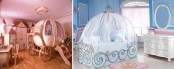 a princess-themed kids’ room done in two ways – pink or blue, with a carriage bed and refined white furniture