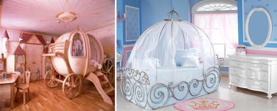 a princess-themed kids' room done in two ways - pink or blue, with a carriage bed and refined white furniture