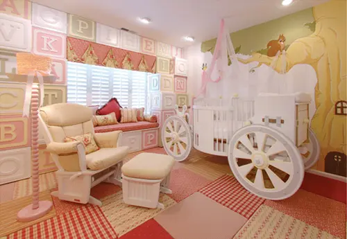 a pink and buttermilk princess-style girl's room with a carriage bed, comfortable furniture and letter tiles