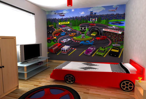 a racing themed kid's room done with a car bed, a car artwork and a colroful tire rug