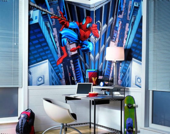 a blue Spiderman kid's room with a statement art on the wall is another cool idea for those who love super heroes