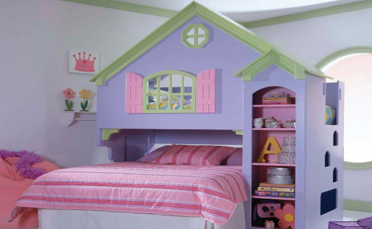 A cozy pastel house or castle themed kid's room with a lavender house bed, pink bedding and bright furniture