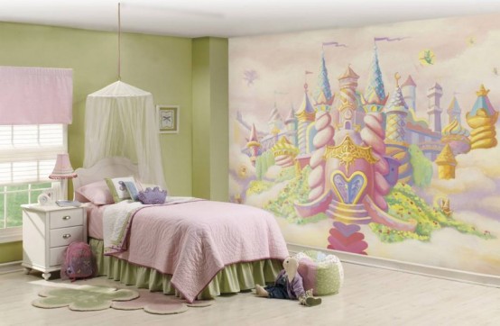 a princess castle inspired room with a bright castle wall, a bed with pastel bedding and a canopy, green furniture