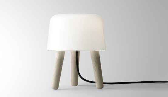 Cosy Lamp Made of White Translucent Glass and Oak – Milk Lamp by NORM Architects
