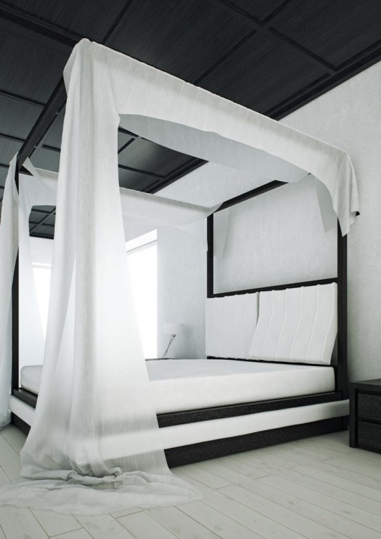 Modern Black and White Canopy Bed – Wind by Mazzali