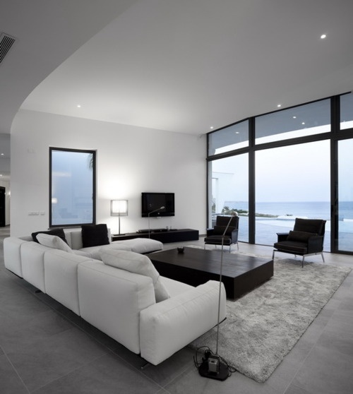 an elegant black and white minimalist living room with a view, chic furniture and a furry rug on the floor