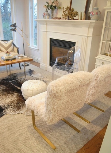 cozy white faux fur chairs with gold legs are lovely for decorating your interior and make it glam and chic