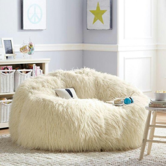 a large white faux fur beanbag chair is amazing to sit and lit on it and you will get relaxed very easily and fast