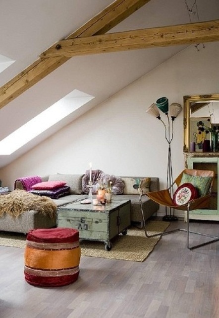 wooden beams and reclaimed furniture will make your living room feel more rustic
