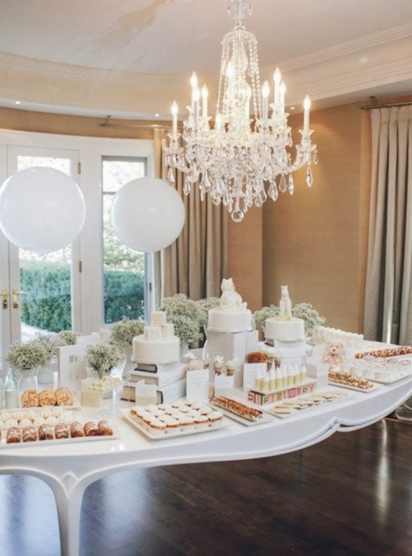all-white sweets table for a gender neutral baby shower