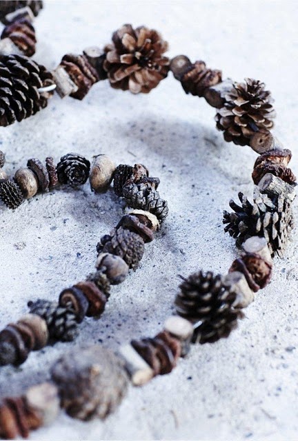 An all natural Christmas garland of acorns, nuts and pinecones plus small pieces of wood is ideal for a rustic or woodland space