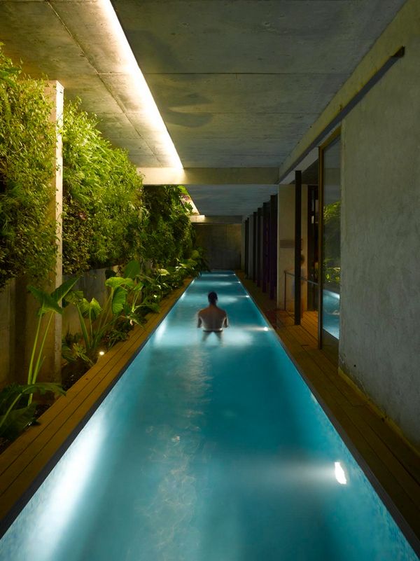 A pavilion with a long and narrow pool, with built in lights and greenery is a lovely space to spend time and to relax