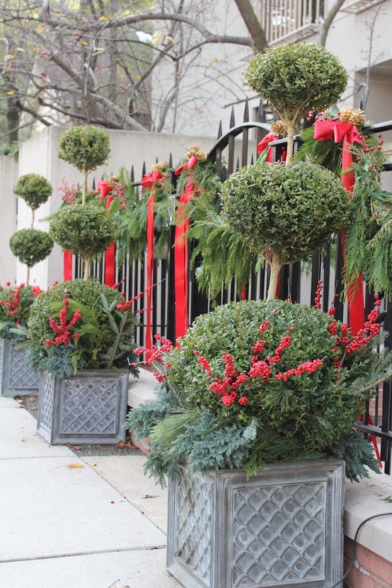 Take your outdoor evergreen decor to the next level by adding dozens of red ribbons and cranberries.