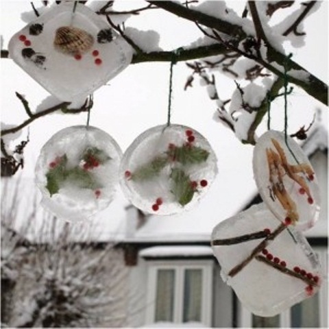 DIY ice ornaments is a great way to decorate outdoor trees if it's cold outside.
