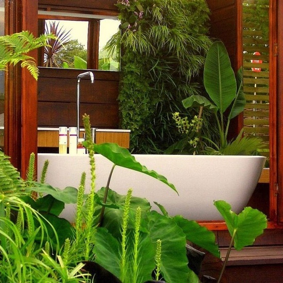 A stained wooden indoor outdoor bathroom with lots of potted and growing plants, with a tub and floating wooden sinks
