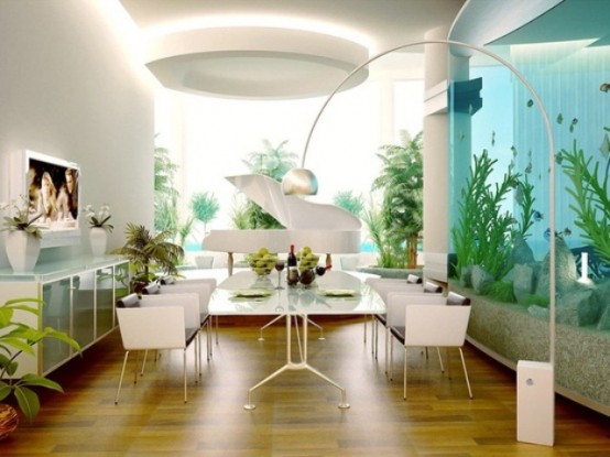 a refined contemporary dining room in white with one wall fully taken by a large aquarium that creates a mood here