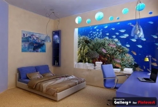an aquarium that takes a whole wall is a stylish idea for a contemporary bedroom and it will inspire and relax you