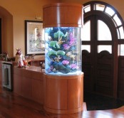a round aquarium enclosed into rich-stained wood makes a lovely decor feature and separates the entryway from the rest of the house