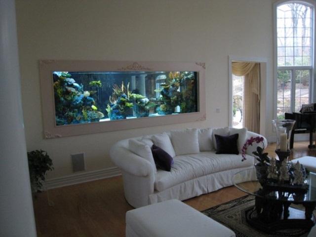 A built in framed aquarium makes this space bolder, cooler and more relaxed