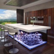 a statement kitchen decor feature – a kitchen island with a built-in aquarium with no fish is a very bold and amazing option