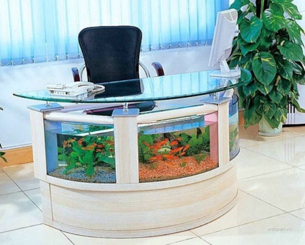 A desk with an aquarium is a relaxing idea for those who love the sea and want something natural around while working