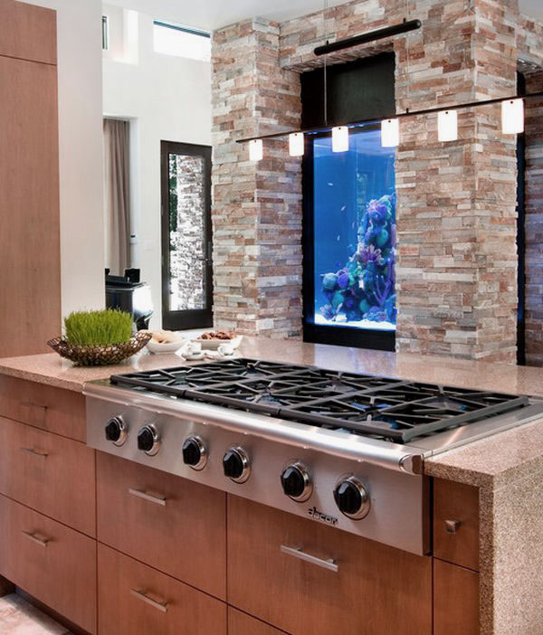A built in aquarium makes the space look more relaxing and natural and adds to the decor of the space