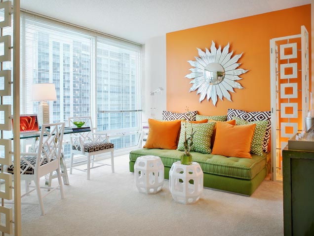 Asian Inspired Orange Green Living Room