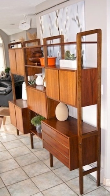 A large storage unit featuring cabinets and open shelves is a stylish idea for a mid century modern interior