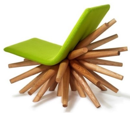 a unique chair with a wooden slab base and a neon green seat is a bold idea that will make a statement in any space, it's not comfy for sitting but is great for decor