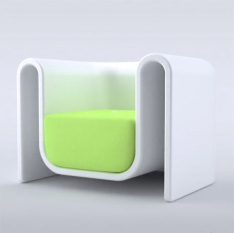 a curved white chair with a neon green seat looks very minimalist and eye-catchy and it will make a cool statement in a minimalist or contremporary space