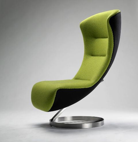 A beautiful neon green and black chair with an armchair silhouette but no armrests and a tall stand is an eye catchy and bold idea