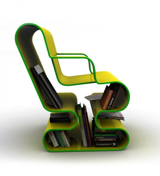 a neon yellow and green bent plywood chair with a lot of storage space for books and magazines is great for a reading nook