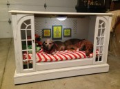 a vintage cabinet transformed into a double dog bed, with light, pics and pillows and toys is a cool DIY project