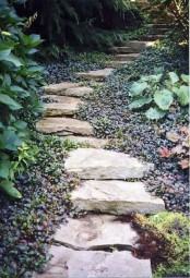 a rough stone path with catchy dark foliage around that accent it with its dark shade