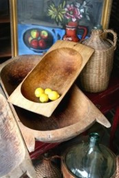 vintage dough bowl display with various fruits can be a nice kitchen decoration