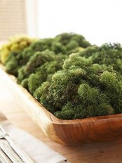 a simple rustic centerpiece with a touch of freshness – a dough bowl filled with moss