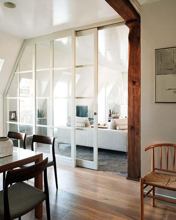 chic French sliding doors let the light in and out and separate the spaces without a bulky look