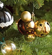 gold and burgundy Christmas ornaments and bells are amazing for holiday decor – use them as ornaments or just hangings