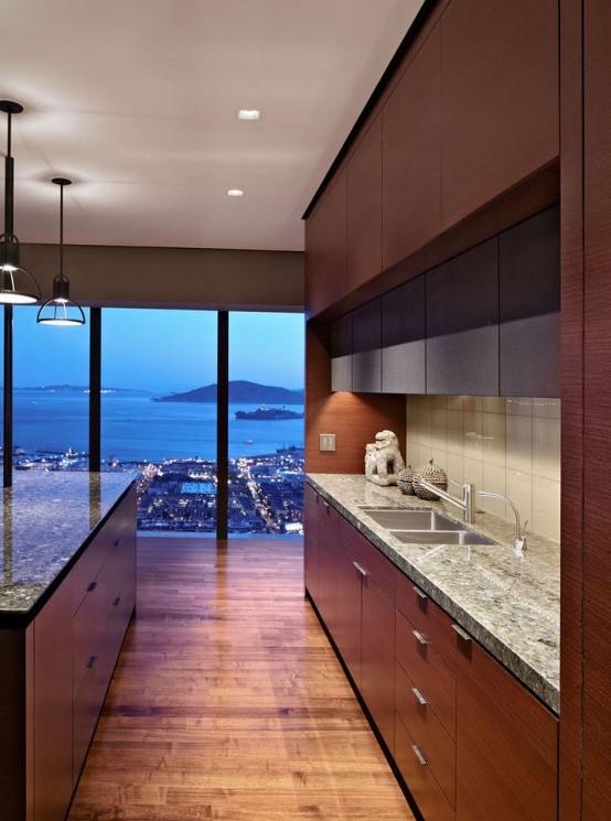 a modern rich-stained kitchen with a large kitchen island and a glass wall that shows off a beautiful big city