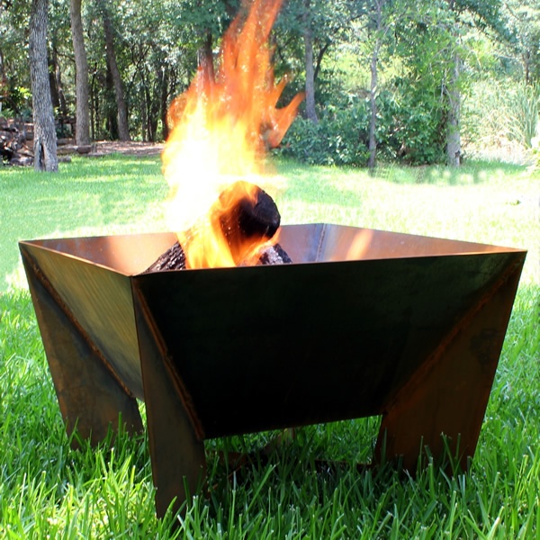 A very laconic but large metal square fire bowl with tall legs is a cool idea for a mid century modern or rustic outdoor space