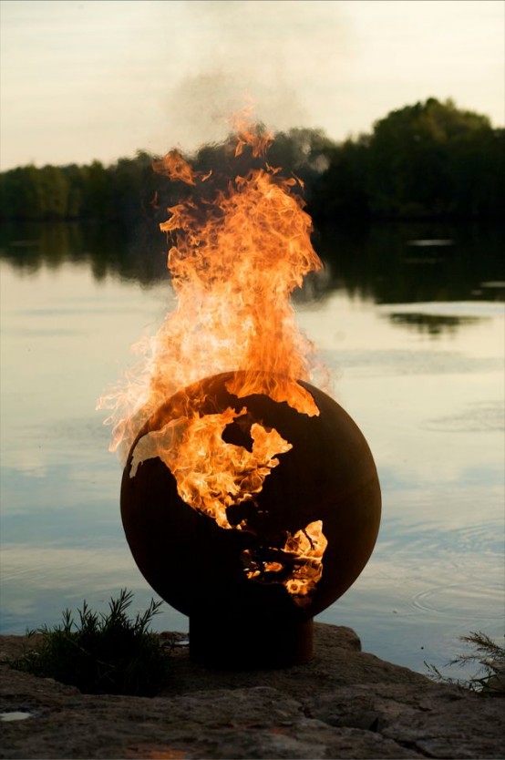 A jaw dropping planet shaped fire bowl with continent cutouts where the fire goes looks extremely spectacular and extra bold