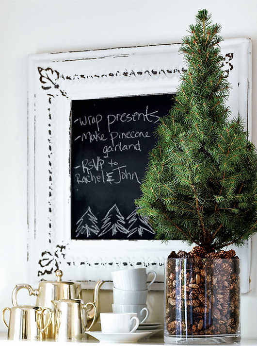 Fill a large vase with super tiny pinecones and put a tabletop Christmas tree in it. You've got yourself a gorgeous looking piece of decor.