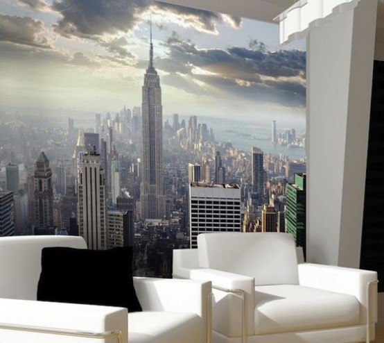 a contemporary living room made bolder with a New York wall mural that makes it eye-catching and outstanding