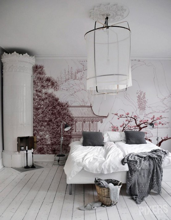 a catchy Nordic bedroom done in mostly white, with a pink Japanese wall mural with sakura and a temple that changes the whole room