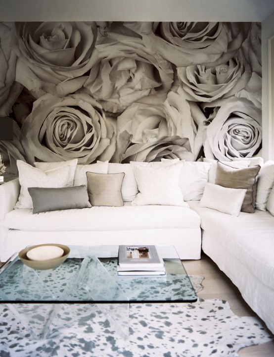 a contemporary living room with a neutral floral wall mural for eye-catchiness and a romantic touch in the space