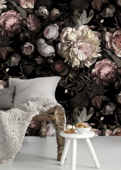a chic and elegant space with a moody realistic flower wall mural that brings chic and romance to the space