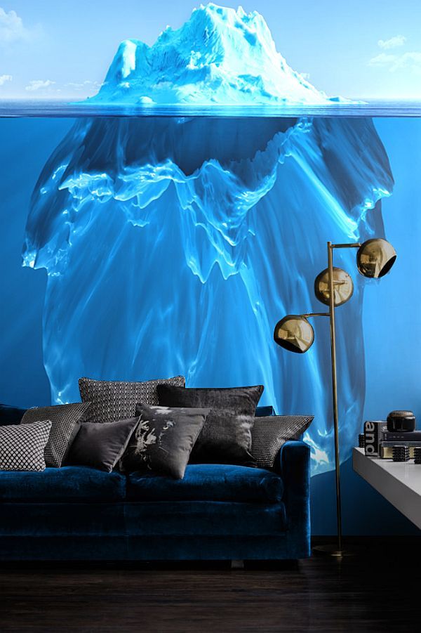A gorgeous iceberg wall mural in bold blues will make a statement in your living room for sure